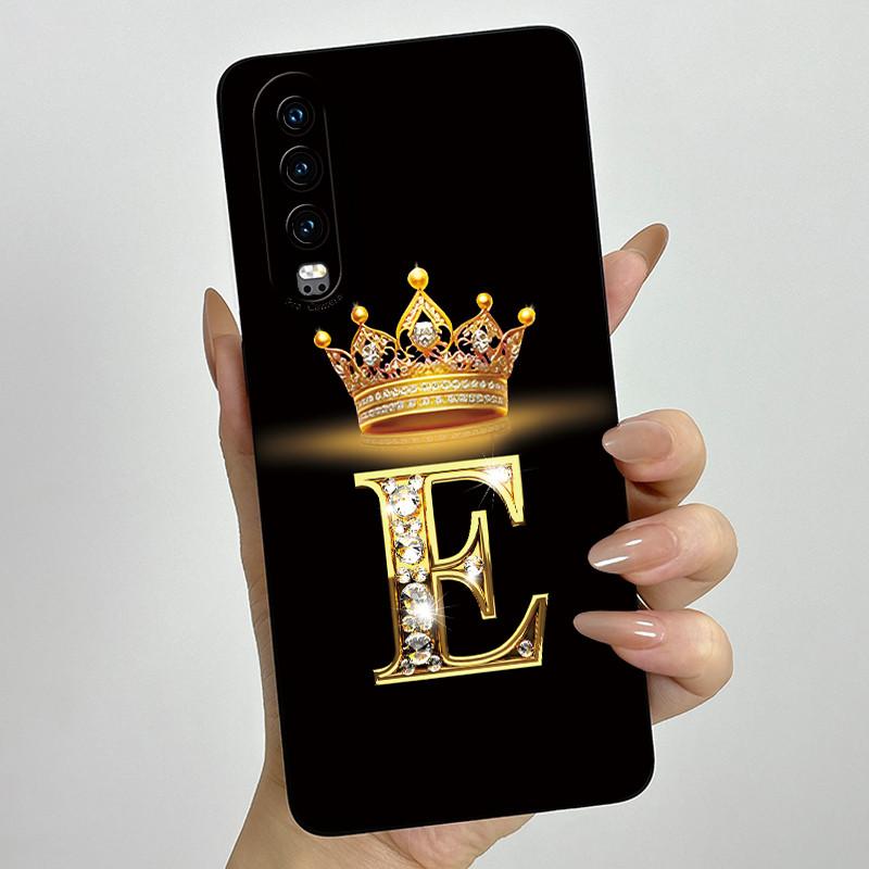 Back Cover For Huawei P30 ELE-L29 P 30 Pro VOG-L29 Crown Initial Letter Phone Case Liquid Soft Silicone Lens Protective Casing