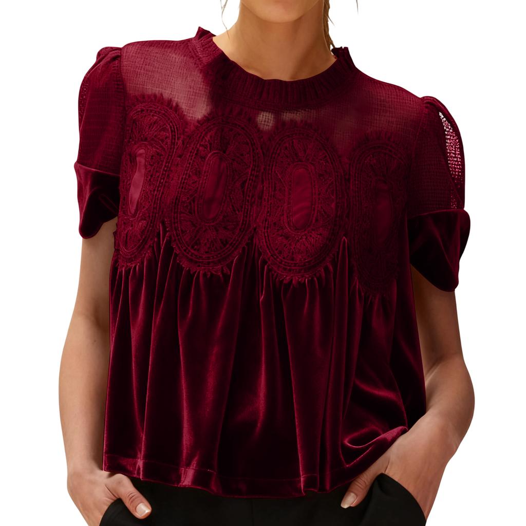 Women's Solid Color Gold Velvet Short Sleeved Round Neck Top