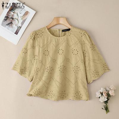Women Casual Round Neck Short Sleeve Lace Embroidery Summer Blouse