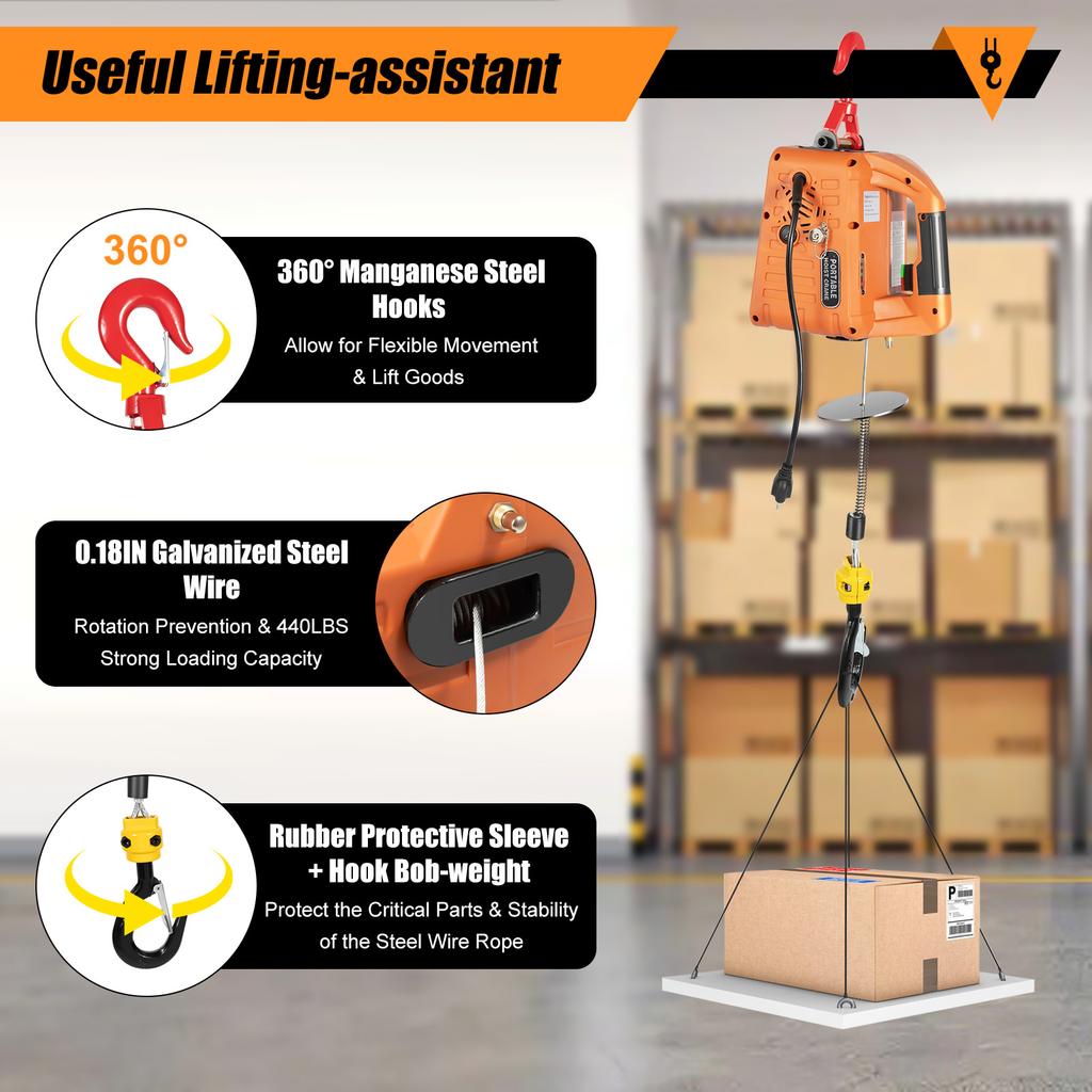 3 in 1 Electric Hoist Winch 440lb, 16ft/min Manual|Cable|Wireless Remote Control, 62ft Portable Power Electric Lift with Sling