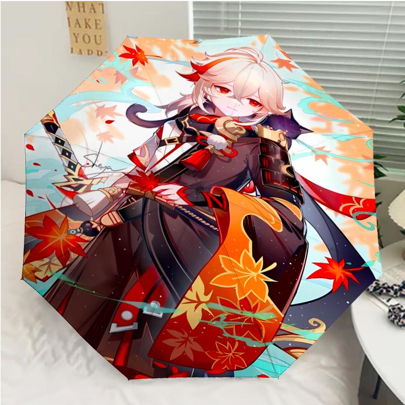 Genshin Impact characters2 Print Automatic Umbrella, 8 Rib Iron Frame, Plastic Handle, Suitable for Outdoor Travel &Daily , Ideal Gift