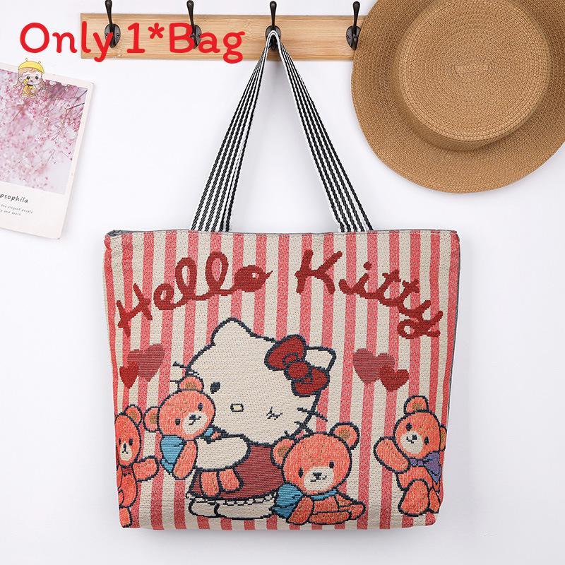 Elephant Hello Kitty Butterfly Embroidered Canvas Tote Bag With Seamed Stitching For Daily Use