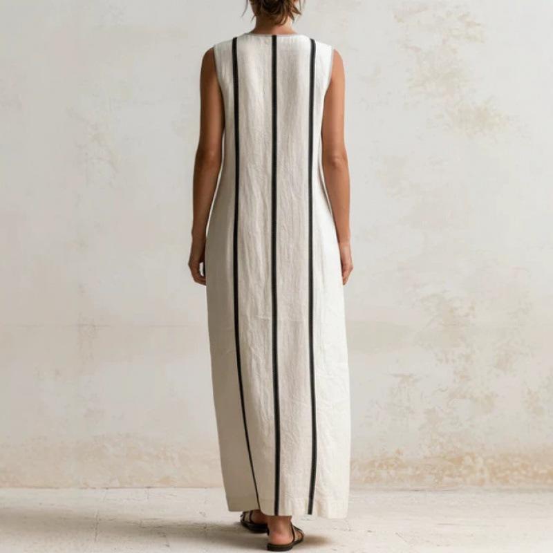 Popular summer European and American style V-neck cotton and linen dress, sleeveless loose long straight skirt