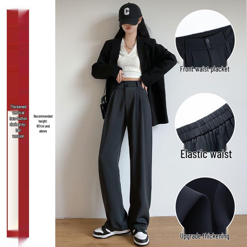 Women's High-End Black Drapey Straight-Leg Wide Suit Pants - Slimming, Casual Fit for Spring/Summer, Ideal for Pear-Shaped Bodies.
