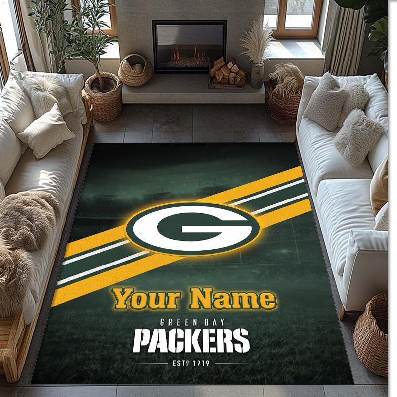 Green Bay Packers Crystal Velvet Rug, Custom Name Text Personalized Non‑Slip Floor Mat for Home Decor Gift