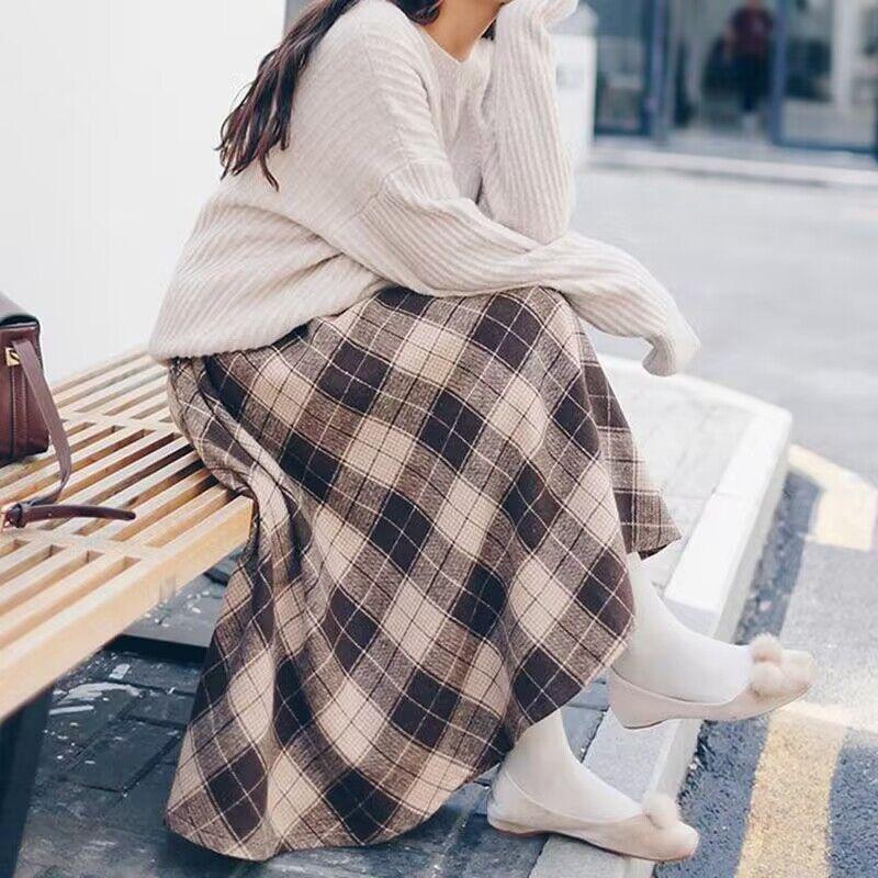 Mori Girl Otoño Invierno mujer falda elegante de cintura alta Vintage a cuadros falda de lana cálida faldas de lana elegantes rosa azul caqui para mujer