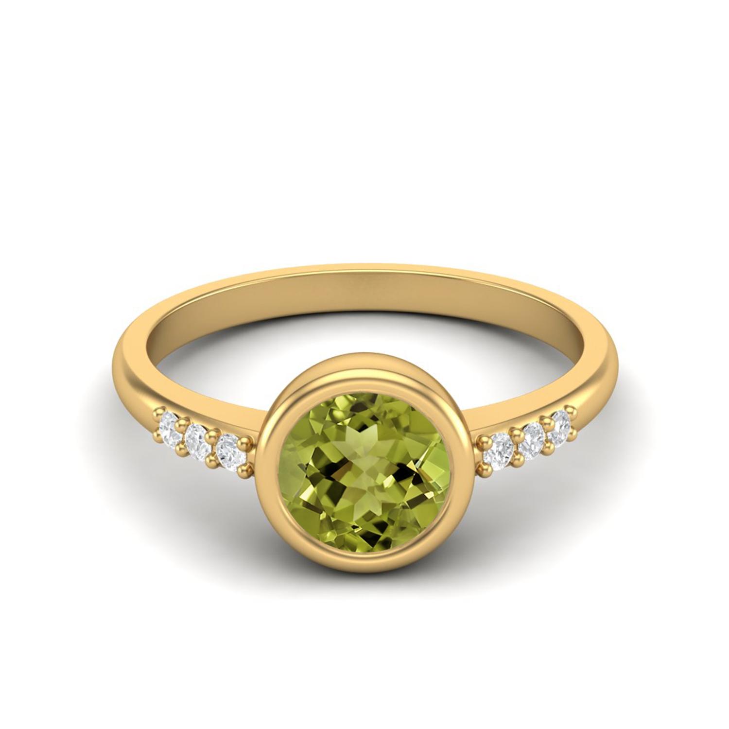 1.02 Ctw Round Peridot 925 Sterling Silver Gold Vermeil Bezel Set Solitaire Wedding Ring 12
