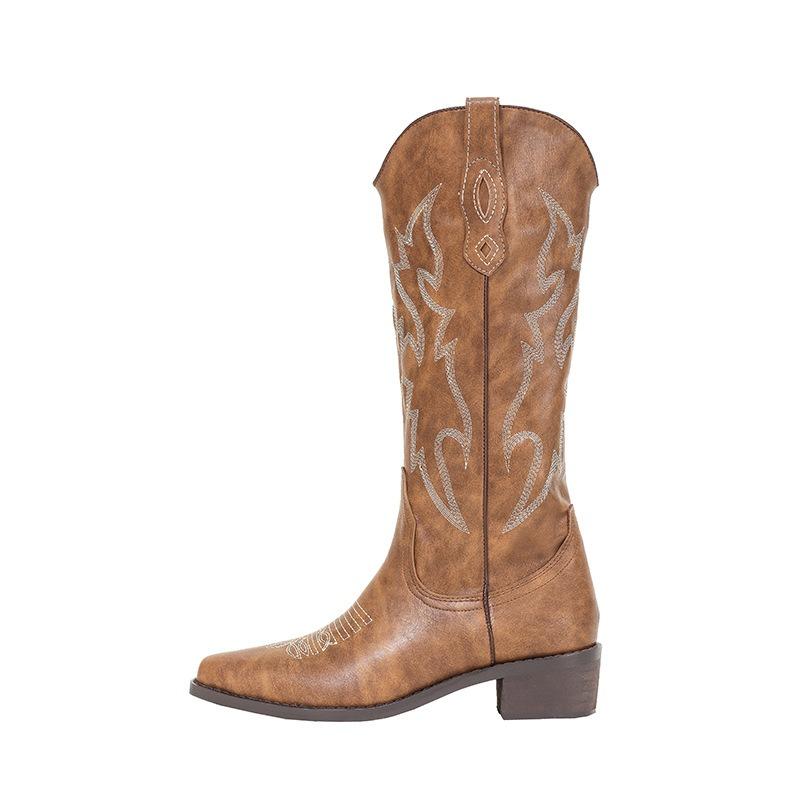 Retro Embroidered Thread Leather Western Cowboy Boots Women's Autumn New Pointed Thick Heel Sleeve Versatile Knight Boots