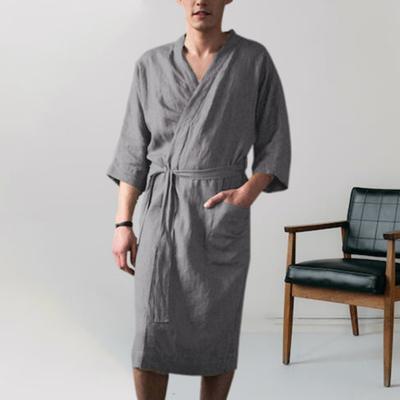 Men Nightgown Men Bath Robe Soft Super Water Absorption Lace Up Cardigan Three Quarter Sleeves Pockets Loose Men Bathrobe Nightgown