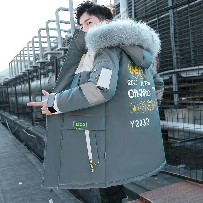 

Пуховик с большим меховым воротником. Глянцевая мужская зимняя толстая хлопчатобумажная куртка средней длины. Тонкая верхняя одежда с капюшоном. Повседневная куртка. Теплые пуховые пальто на дикой молнии. M сине серый