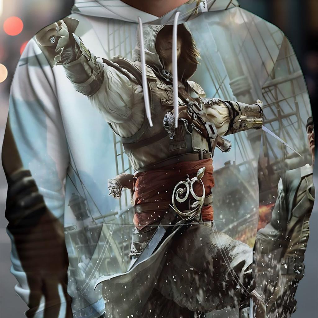 Men's Anime Dual-Sword Fighting Print Hoodie - Relaxed streetwear style hoodie, suitable for everyday wear, casual wear, and themed events.