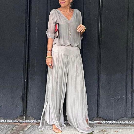 2 pezzi/set top da donna pantaloni tuta ampia scollo a V pieghettato gamba larga tinta unita sciolto morbido vita alta elastica maniche a tre quarti pipistrello casual quotidiano top