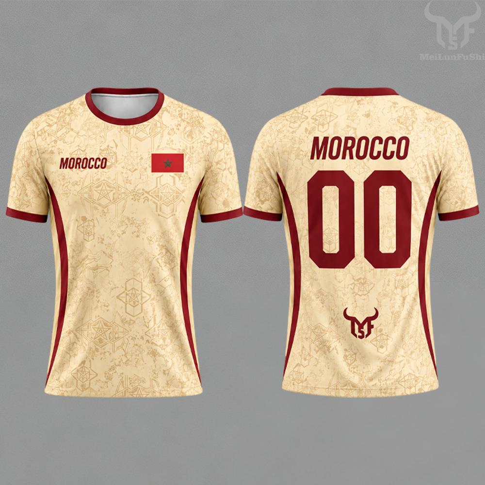 Morocco Flag Print Football Jersey Summer Customizable Name Number O-neck Short-sleeved Men Women Kids Quick Dry Soccer T-shirt 6XL