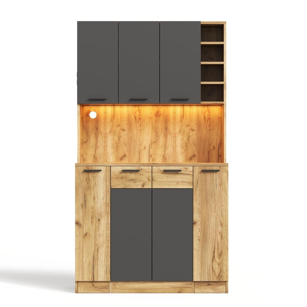 Kitchen Cabinet with LED, Shelf with Socket and 4-Tier Pull-Out Spice Rack, Wine Rack and Display Cabinet for Kitchen & Dining Room, 180 × 100 × 40 Cm