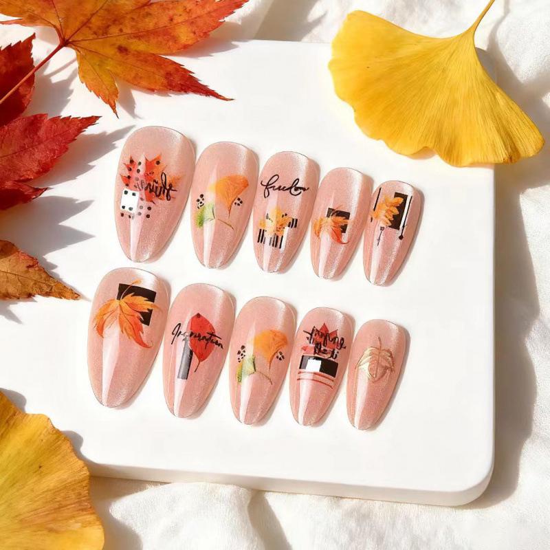 Set of 24 Gilded Almond Cat Eye Nails - Autumn/Winter Maple Leaf Design