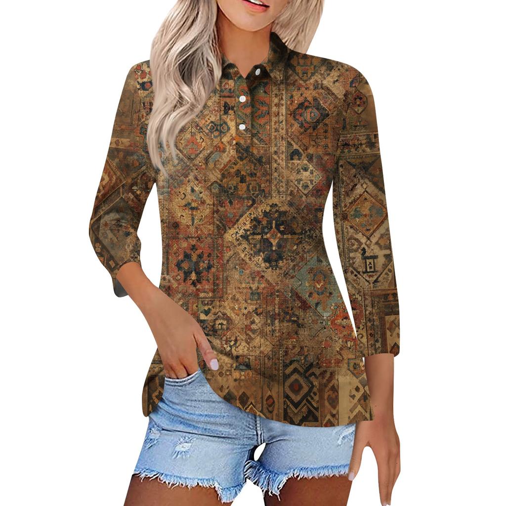 Women's Fashion Casual Lapel Short 3/4 Sleeve Print Shirt Women's Button Up Tops