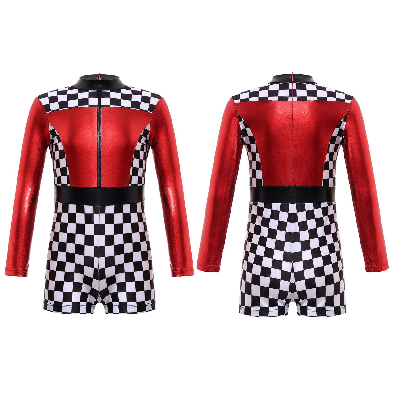 

Костюм гонщика для девочек, костюм гонщика с длинными рукавами и клетчатым принтом, цветной блок, лоскутный короткий комбинезон на молнии сзади, карнавальный костюм 7-8 Years красный