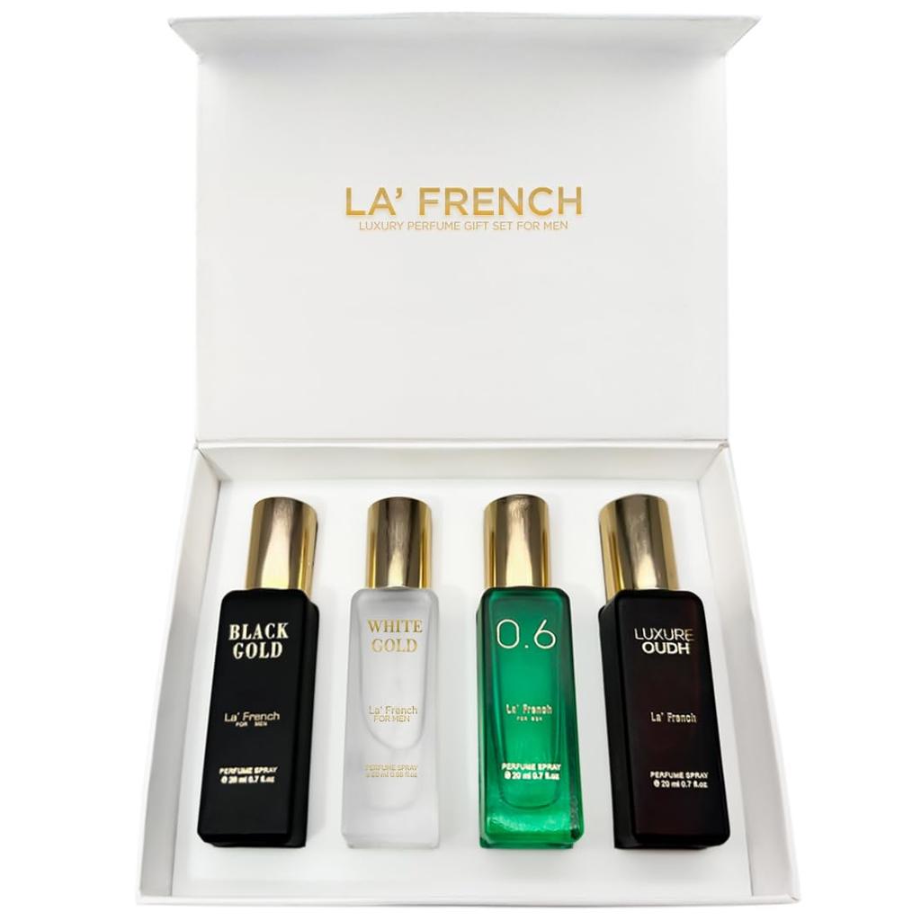 La French Classic Eau De Parfum Gift Set 4 x 20ml for Men | Luxure Oud, White Gold, Black Gold | Best Gift Hamper Set | Long Lasting Fragrance Scent