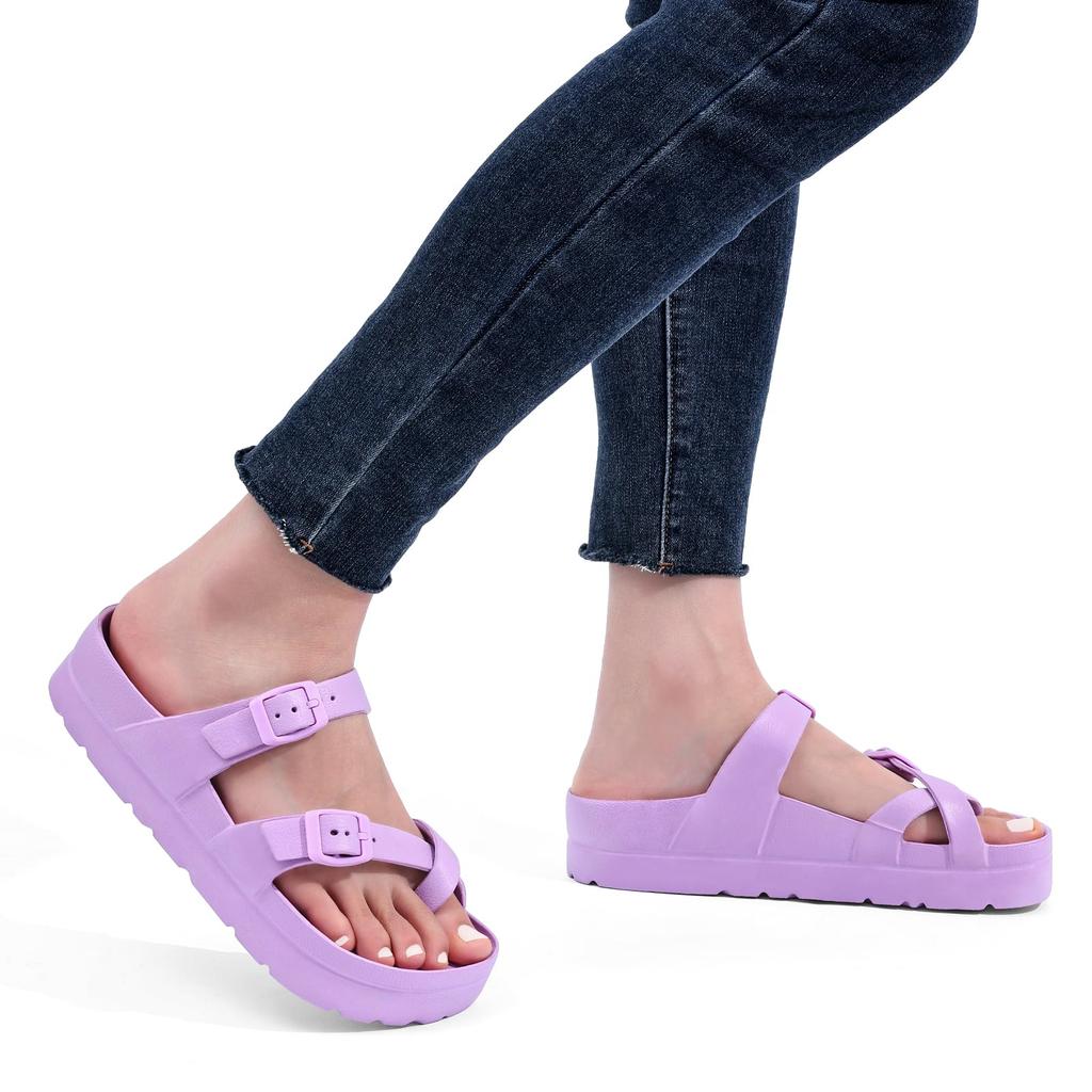 Fashion Smile Double Buckle Sandals Men EVA Flat Slippers Men Comfy Slide Sandals Men Lightweight Thick Non Slip Sole Sandals For Women
