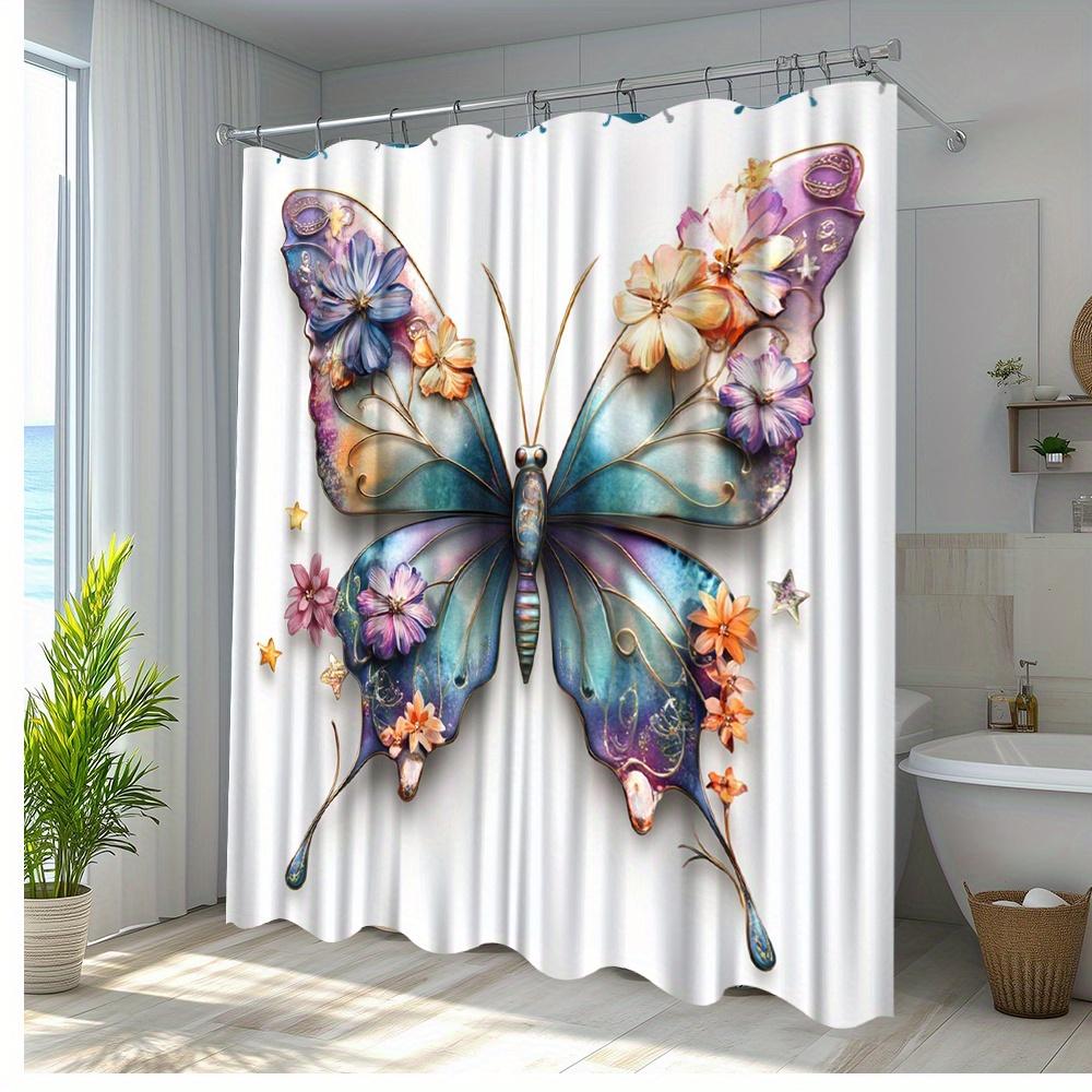 1Pc Butterfly Floral Shower Curtain - Elegant Nature Design With Vibrant Butterfly & Floral Pattern, Durable Polyester Fabric, W60H190(CM)-1 Pcs
