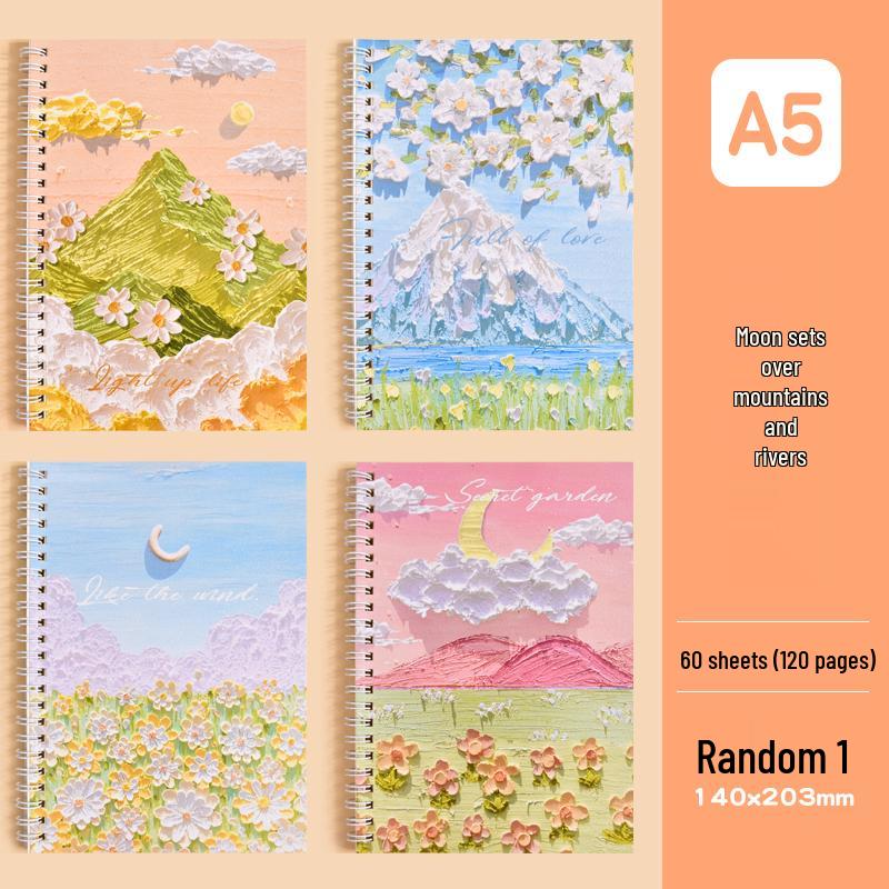 Cartoon Oil Painting A5 Side-Bound Lined Notebook - Cute, Thick, Student-Friendly