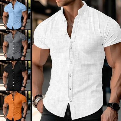 Summer Men's Short Sleeve Shirt Cotton Blended Breathable Solid Color Collar Button Shirt Business Casual Commuter Shirt