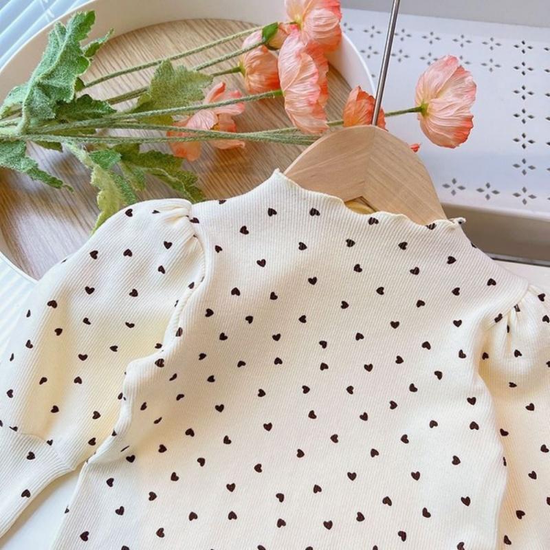 Baby Girl Long Sleeved Top Children's T-Shirt Puff Sleeve Heart-Shaped Printed Kids Top