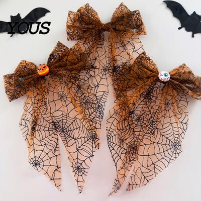 Halloween Hair Accessory Spider Web Bow Clip, Pumpkin Eyeball Tulle Mesh Clip with Long Tails, Women Accessories for Holiday Party