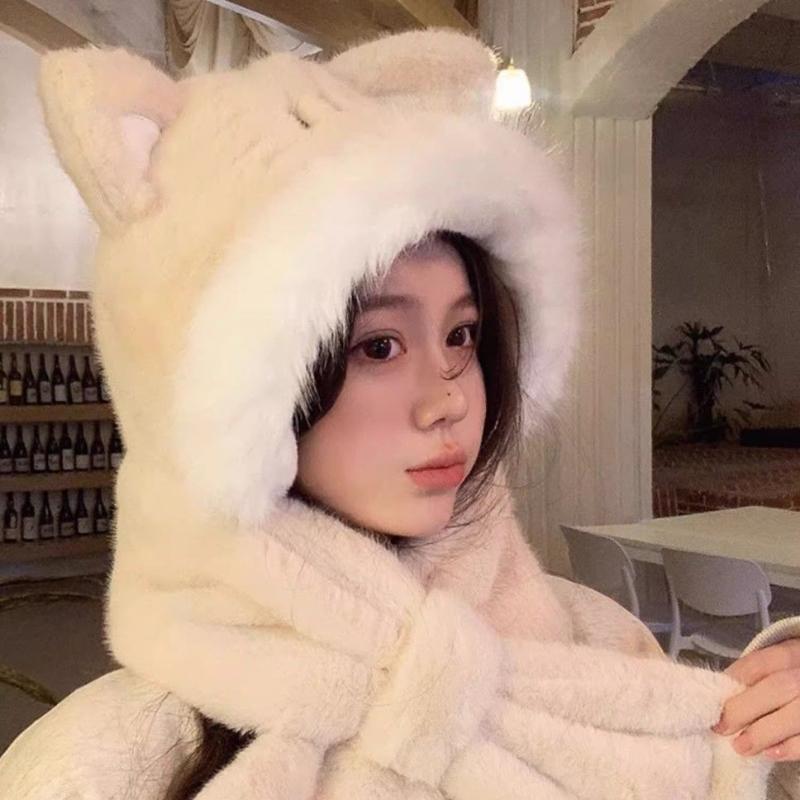 Women's Winter Cute Fox Ear Warm Plush Hat Cycling Cold Resistant Ear Protection Hat Scarf Integrated