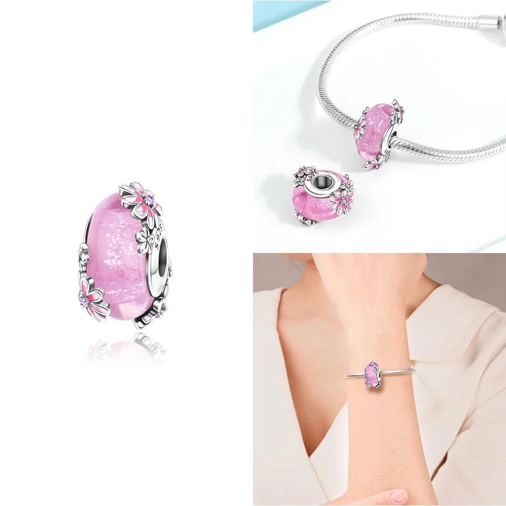 925 Silver Bracelet Women Diy Jewelry Gift Accessories Charms Beads Pink Murano Glass Blue Flower Butterfly Beads