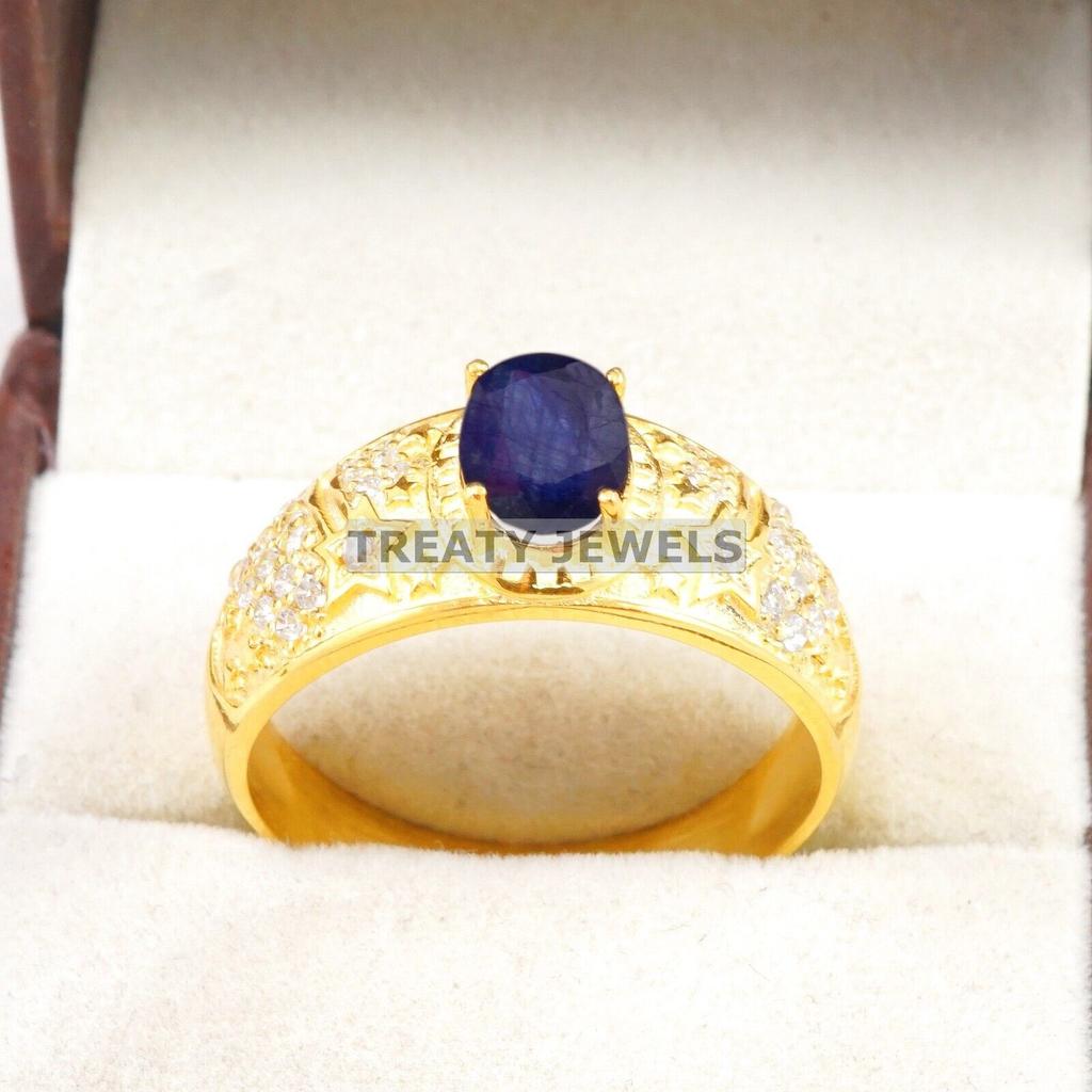 Erkekler İçin Altın Kaplama 925 Ayar Gümüş Üzerine Mavi Safir Oval Kesim Yüzük #B618 JL375686514690