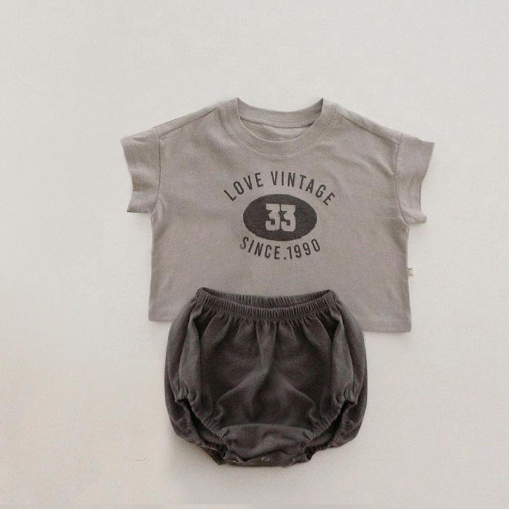 Children's Summer Short-Sleeve Two-Piece Set: Baby Letter Print T-Shirt & Bread Pants In Merade Color