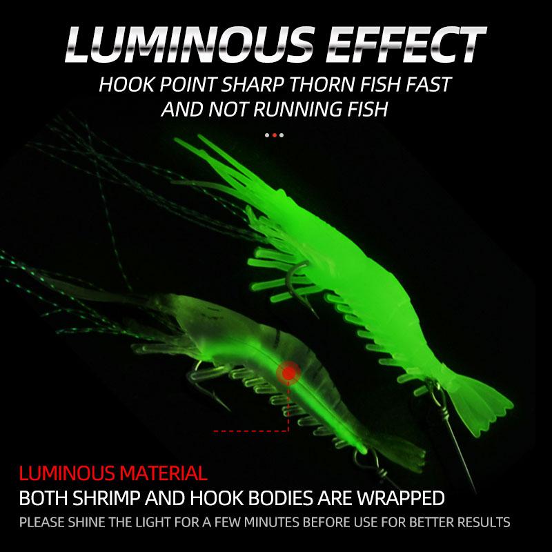 2PCS Built-in Hook Bait Shrimp Kit Luminous Shrimp Lure Soft Plastic Fishing Sabiki Silicon Shrimp Bait Fishing Bait