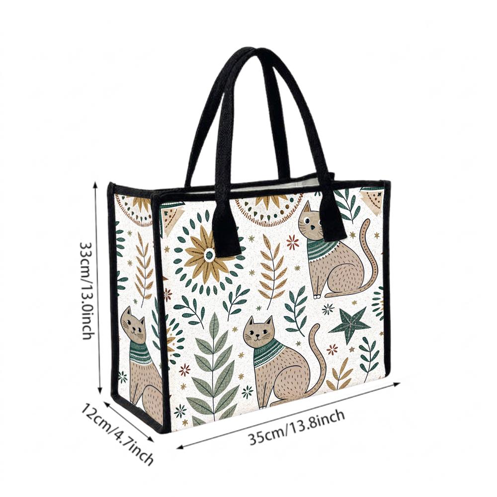Cute Cat Print Canvas Tote Bag Casual Large Capacity Daily Shopping Handbag for Women Outdoor Travel