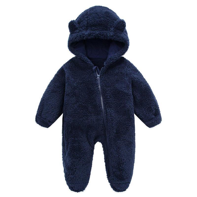 Newborn Baby Boy Girl Fleece Jumpsuit Snowsuit Long Sleeve Hooded Zipper Closure Coat Warm Winter Clothes