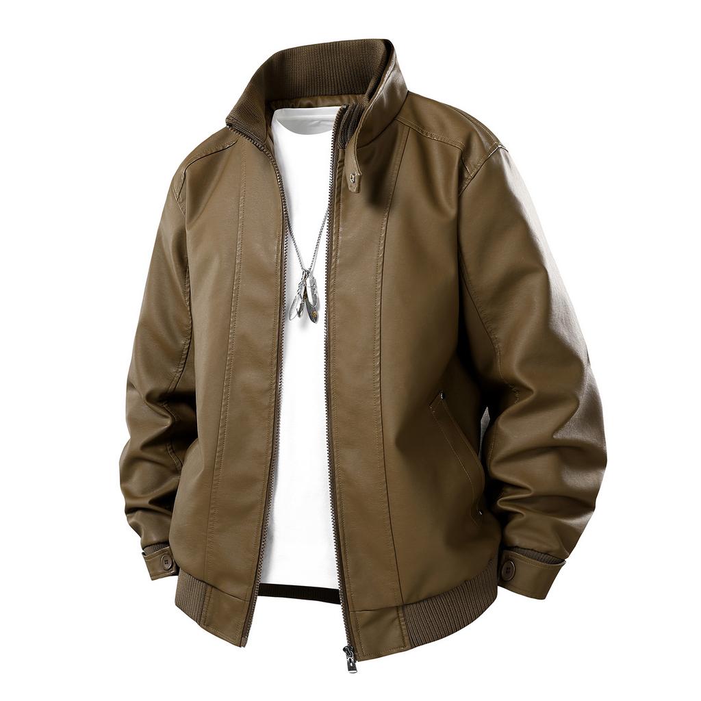 Men's Motorcycle Uniform Simple and Versatile Stand Up Collar Leather Jacket Wide