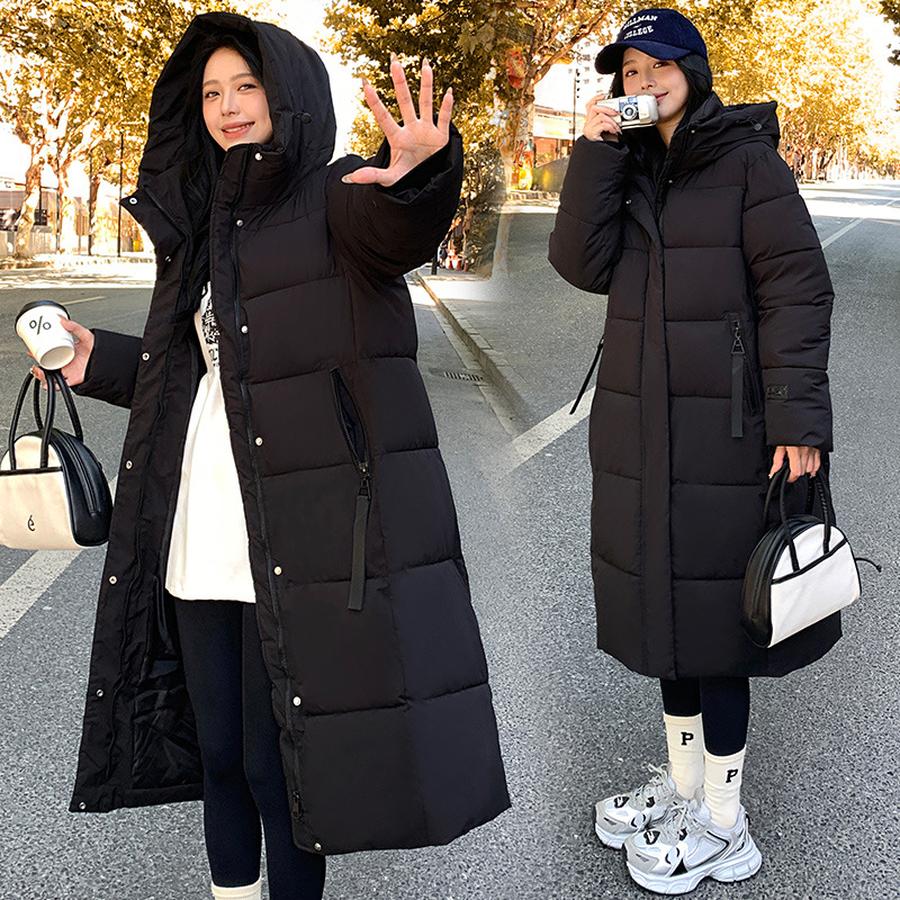 Damen Winter Überknie Pufferjacke mit Kapuze, Langarm, Dicke Baumwolle, Koreanischer Stil