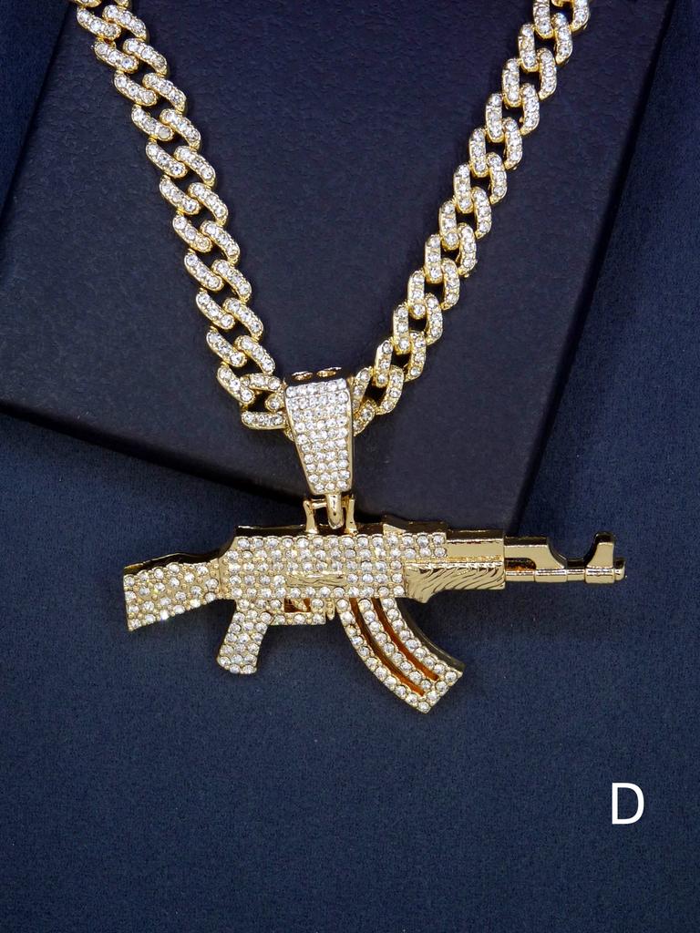 Men's Hip Hop 14K Gold Plated AK Gun Pendant Necklace Rhinestones Daily Party Wear Fashion Zircon Accessory