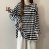 Plus Size Women Spring Autumn Long Sleeve T-shirts Vintage Striped Loose Casual Tops Oversized Crew Neck Tshirts