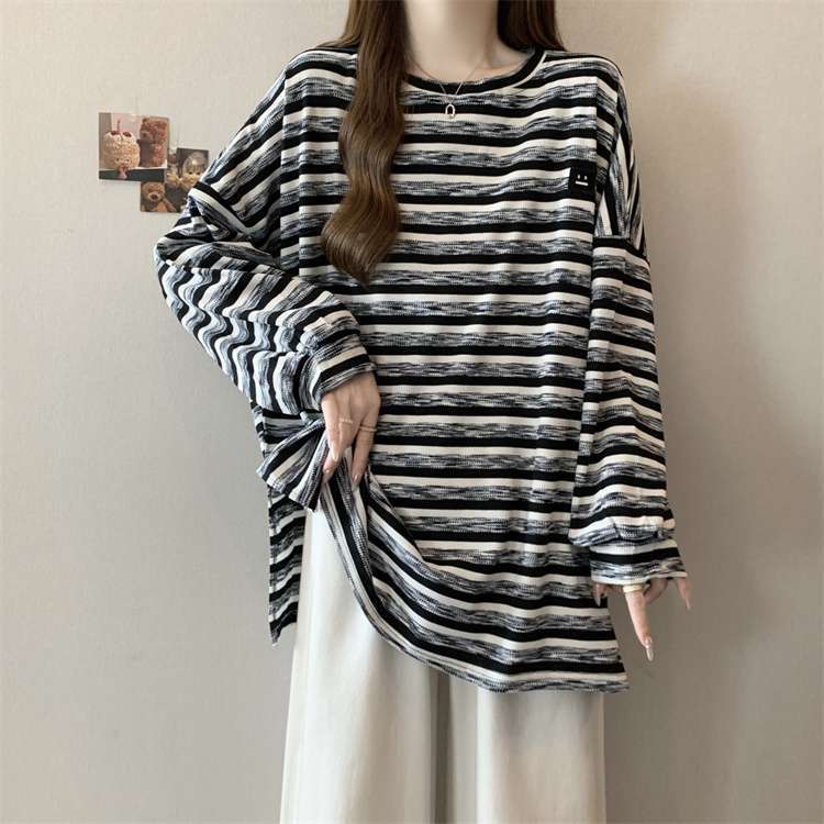 Plus Size Women Spring Autumn Long Sleeve T-shirts Vintage Striped Loose Casual Tops Oversized Crew Neck Tshirts