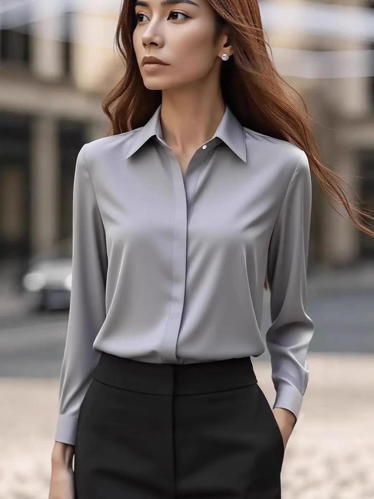 Herbst Einfarbig Satin Langarm Revershemd