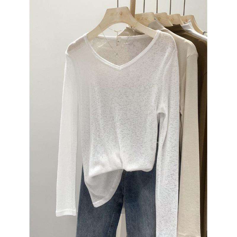 

Шикарный кардиган с V-образным вырезом и полупрозрачной защитой от солнца - Сладкая и пикантная футболка с длинным рукавом для женщин, весна и осень Small белый