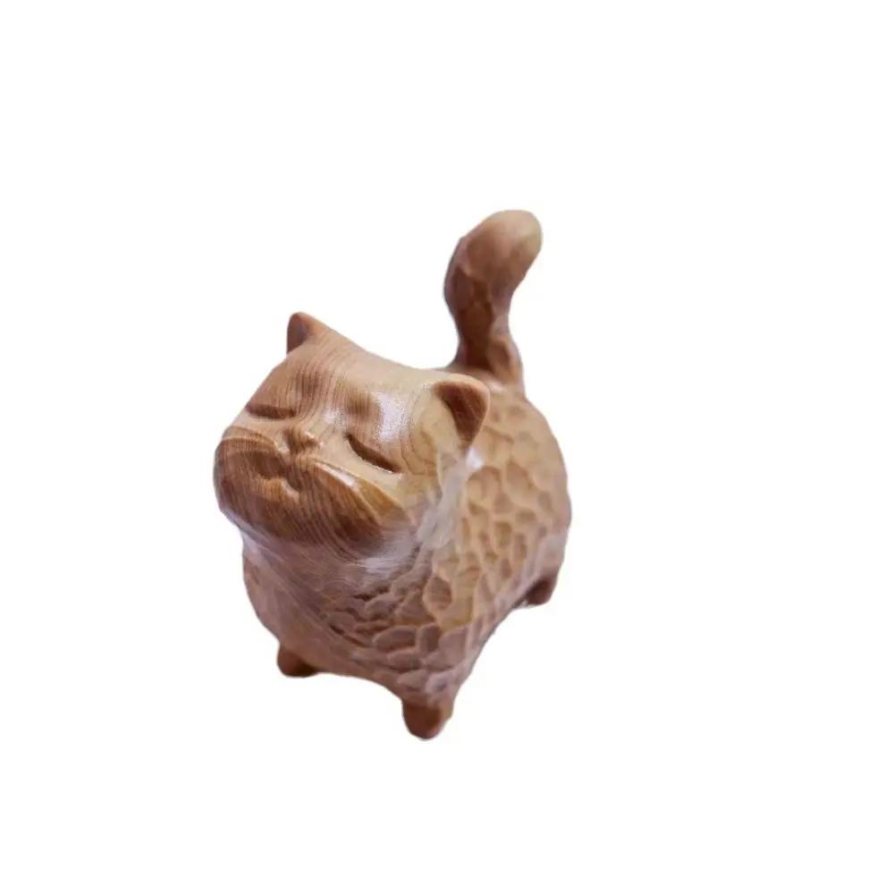 Cat Ornament Hand-carved Wooden Cat Statue Tiny Cute Cat Sculpture Miniature Creative Animal Figurine Desktop