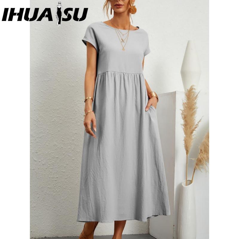 

IHUASU Жіноча Мода Літо Весна Однотонний Принт Короткий Рукав Круглий Виріз Повсякденні Сукні XXL сірий