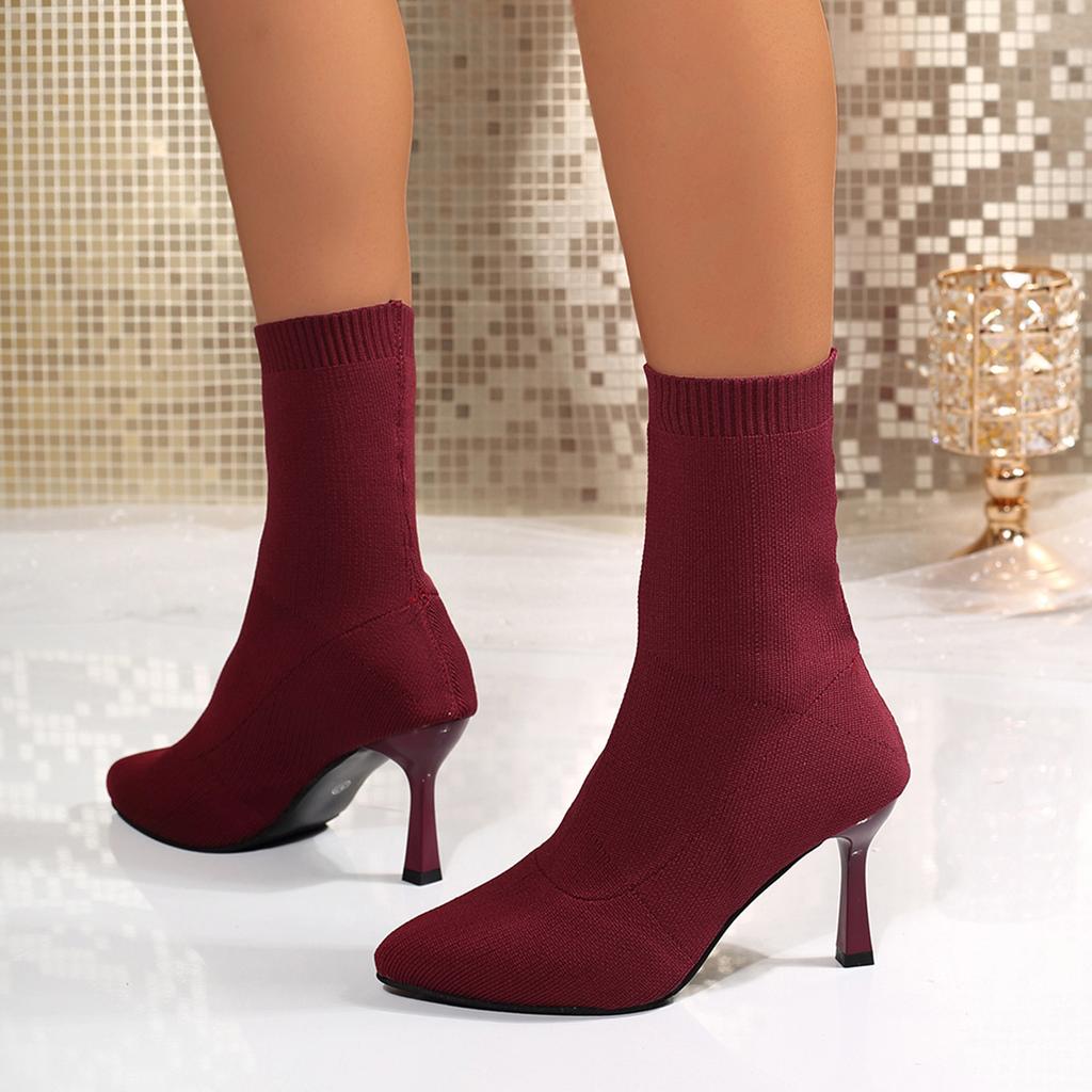 Sexy Knitting Stretch High Heels Sock Boots Woman Autumn Blue Breathable Pointed Toe Ankle Boots Women