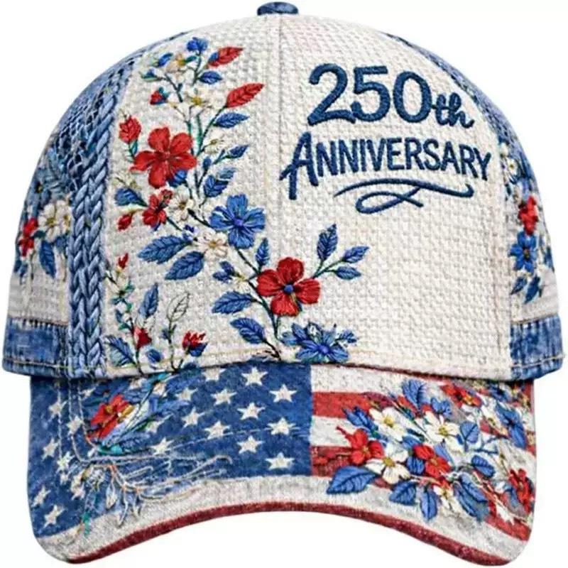 250th Anniversary 3D Digital Printed Baseball Cap, Personalized Printed American Flag Floral Pattern Retro Sun Hat adjustable (55-60cm)