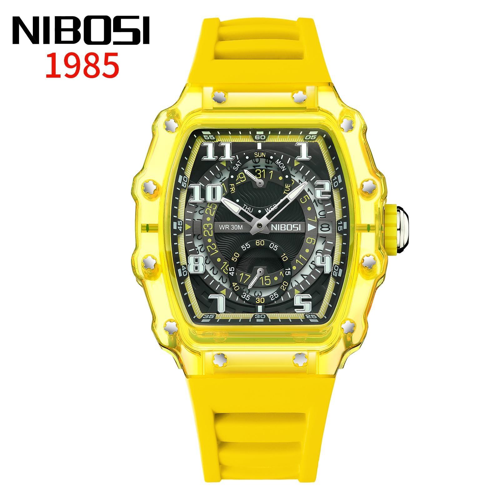 

NIBOSI Fashion Hollowed Men Watches Tonneau Transparent Analog Quartz Wristwatch Silicone Strap Calendar Waterproof Watch жовтий