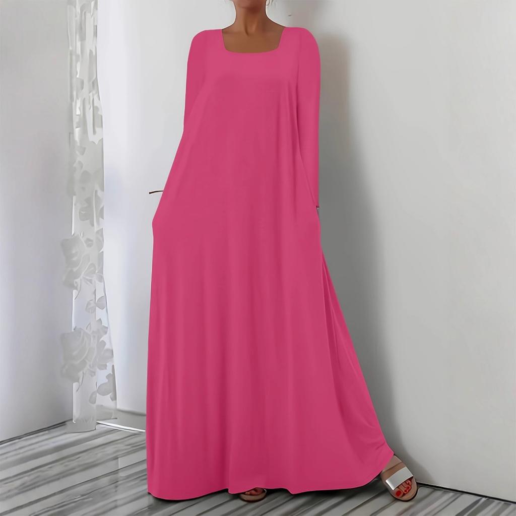 Dámske módne jednofarebné šaty s dlhým rukávom, so štvorcovým výstrihom, ležérneho voľného strihu, pulóvrové, dlhé