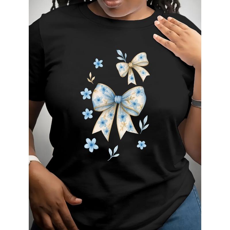 European Size Women'S "Fresh and Gentle Butterfly Knot" with Small Flower Prints | Casual Short Sleeve T-Shirt,Moderate Elasticity, Perfect for Summer