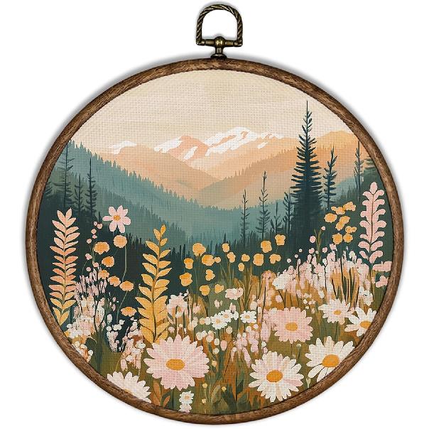 XBBMGG Boho Mountain Landscape Wall Art Decor, Spring Forest Wildflower Round Wall Hanging Decor, Colorful Nature Daisy Floral Framed Canvas Prints